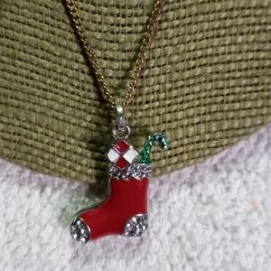 Silvertone red green crystal stocking pendant on goldtone chain